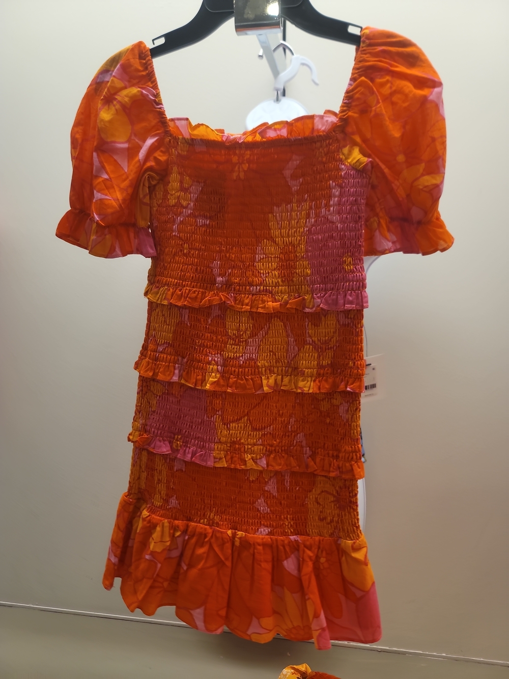 Orange & Pink Smocked Tiered Mini Dress with Puff Sleeves